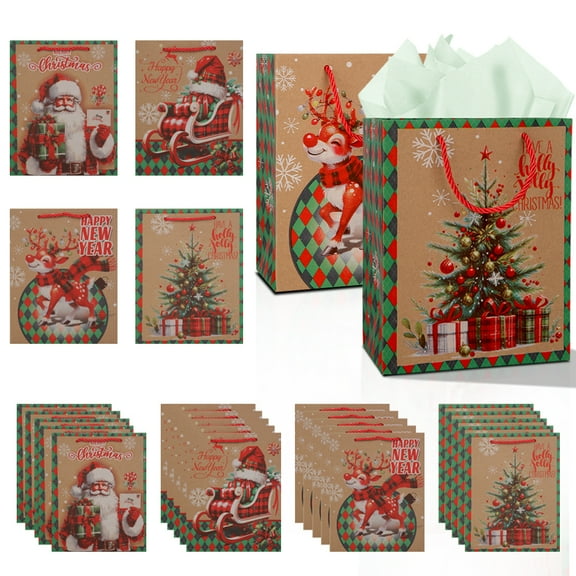 20 pieces of Christmas-themed kraft paper gift bags, joyous Christmas gift bags with thickened handle design, reusable handbags, suitable for gift wrapping and party supplies