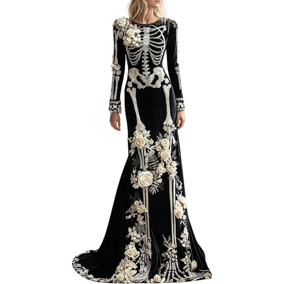 HaCpiu Women's Skeleton Print Velvet Maxi Dress, Long Sleeve Halloween Gown with 3D Floral Applique, Gothic Evening Dress & Fancy Cosplay Costume