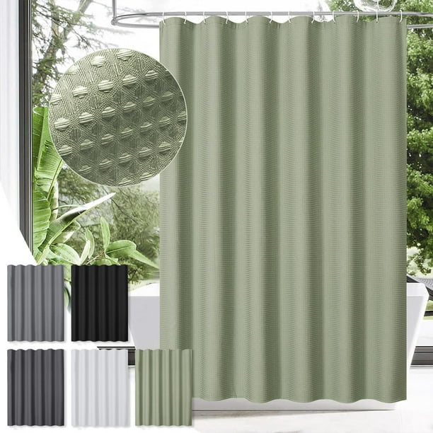 Cortina de ducha Heavy Duty Waffle Textura | Tela gruesa de poliéster 256GSM con peso | Filtrado de luz de 71x71 pulgadas | Repelente al agua resistente a manchas | Blanco Gris Verde Negro | 12