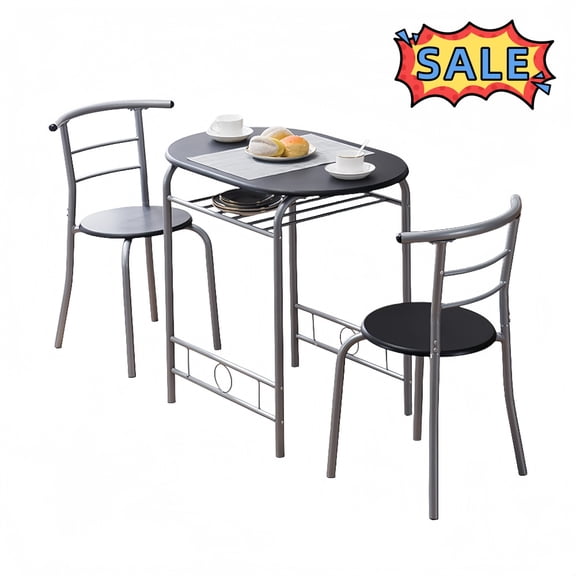 Tcbosik 3-Piece Small Dining Table Set, Modern Kitchen Table with Built-in Wine Rack, 2 Armless Chairs with Metal Frame, Space Saving, Black