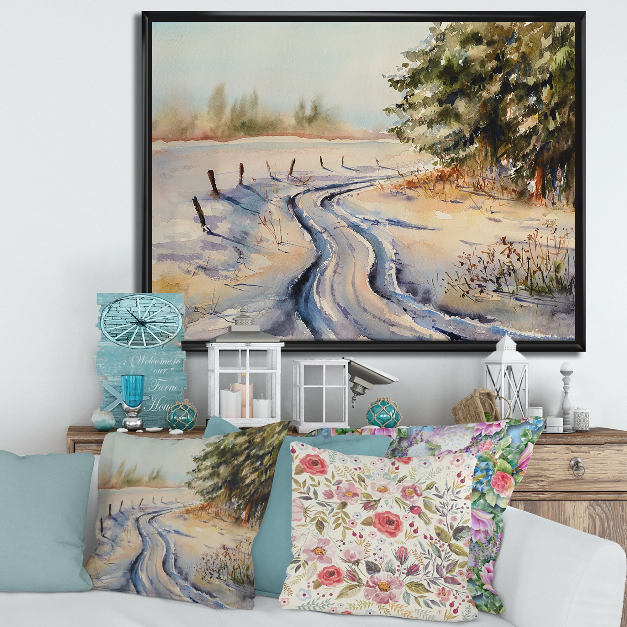Designart 'Snowy Winter Forest Landscape Rural Road In Snow' Traditional Framed Canvas Wall Art Print