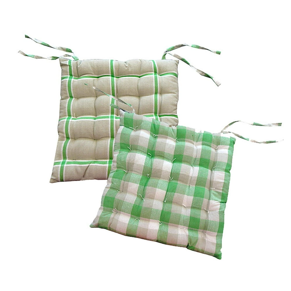 15" Green White and Beige Plaid Reversible Indoor Chair Cushion with