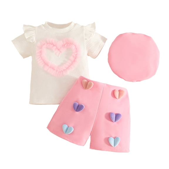 Jamsmile Toddler Girls Outfits Sets Toddler Girls Short Sleeve Ribbed T Shirt Tops Heart Shorts Hats 3pcs Kids Girls Outfits