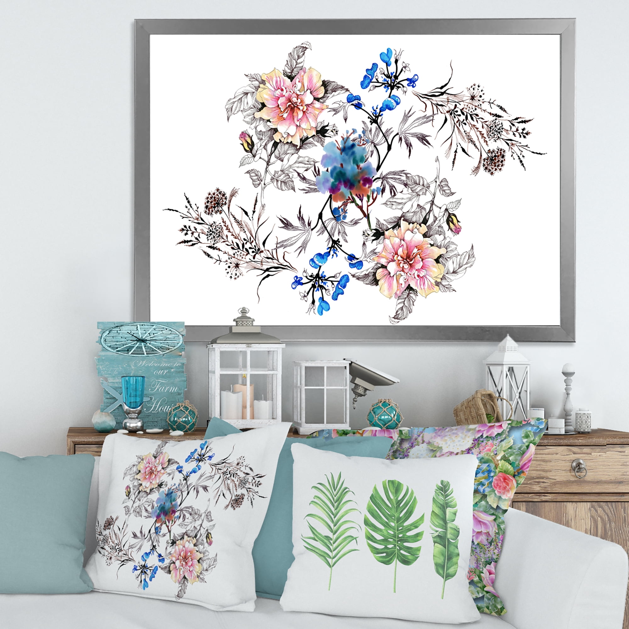 Designart 'Pink and Blue Wildflowers' Traditional Framed Art Print