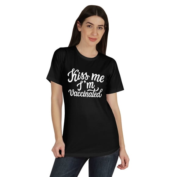 Inkmeso Embrasse-Moi Je Suis Vacciné T-shirt Col Rond Drôle pour Femmes-W6