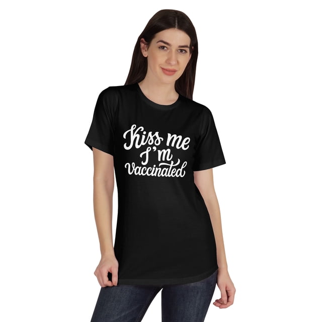 Inkmeso Embrasse-Moi Je Suis Vacciné T-shirt Col Rond Drôle pour Femmes-W6