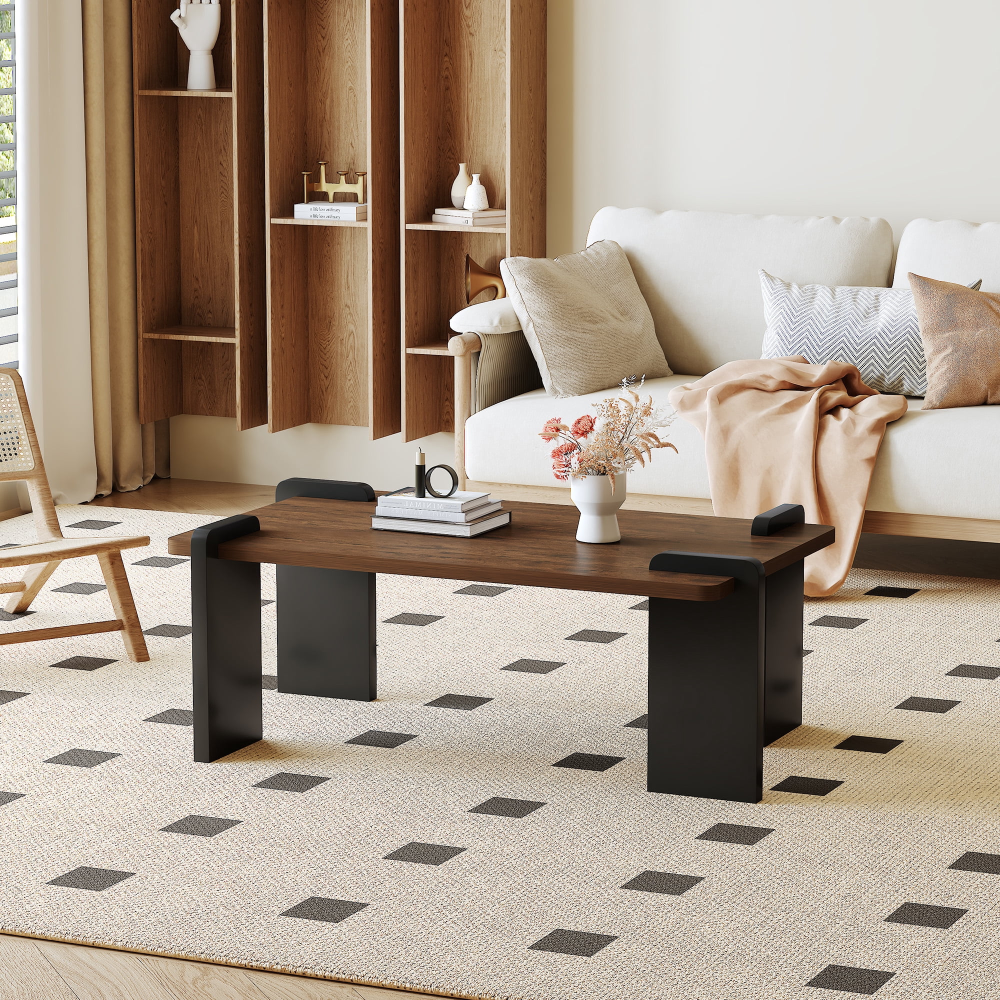 TesNus 39" Walnut Coffee Table, Modern MDF Rectangle Center Table with Black Solid Legs for Living Room Small Space