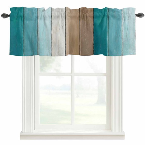 Teal Brown Window Valance Curtain Farmhouse Rustic Wood Rod Pocket Valance for Windows Short Curtain for Living Room, Bedroom & Kitchen Window Decor 42x12in