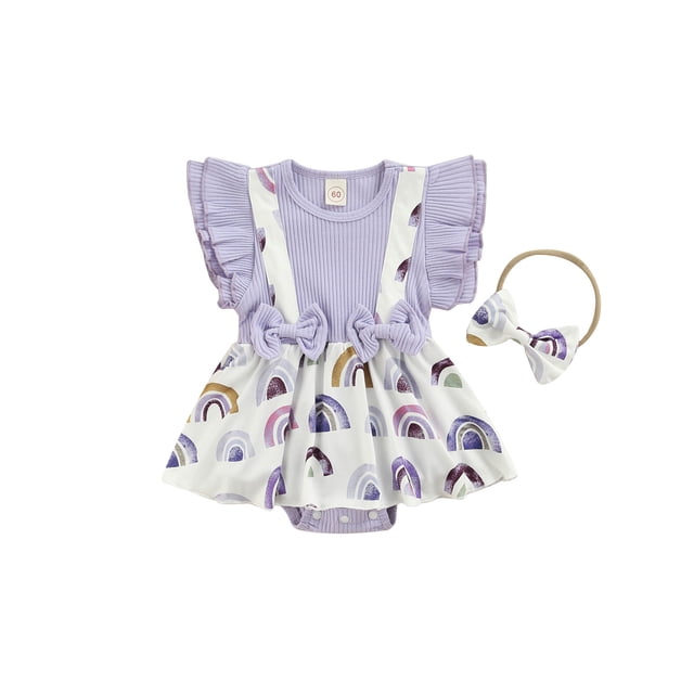 Xingqing Barboteuse Florale pour Bébé Filles Robe Tutu Manches à Volants Body avec Bandeau Tenues Violet 12-18 Mois