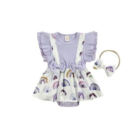 

Calsunbaby Baby Girls Summer Romper Ruffled Fly Sleeve Floral Printed Dress-Like Patchwork Bodysuit+Bow Headband Purple 0-3 Months