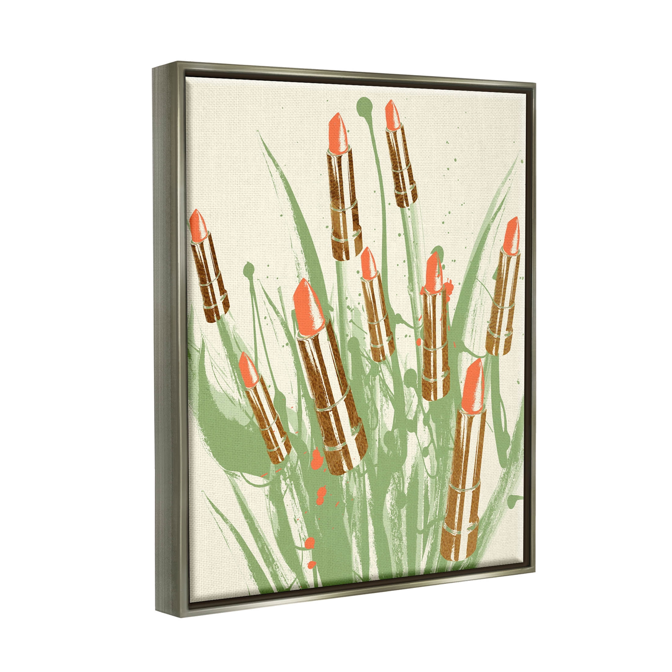 Stupell Industries Glam Lipstick Abstract Botanicals Graphic Art Luster Gray Floating Framed Canvas Print Wall Art, Design by Lil' Rue