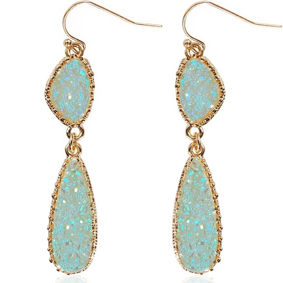 Humble Chic Aqua Druzy Teardrop Earrings for Women - Long Boho Dangles