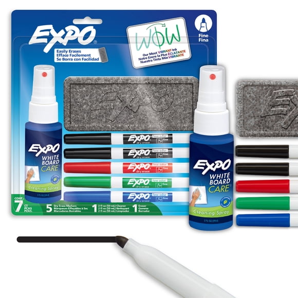 EXPO Dry Erase Markers, Low Odour Ink, Fine Tip, Assorted Colours, 7 Piece Set (w/ Eraser & Spray Cleaner)