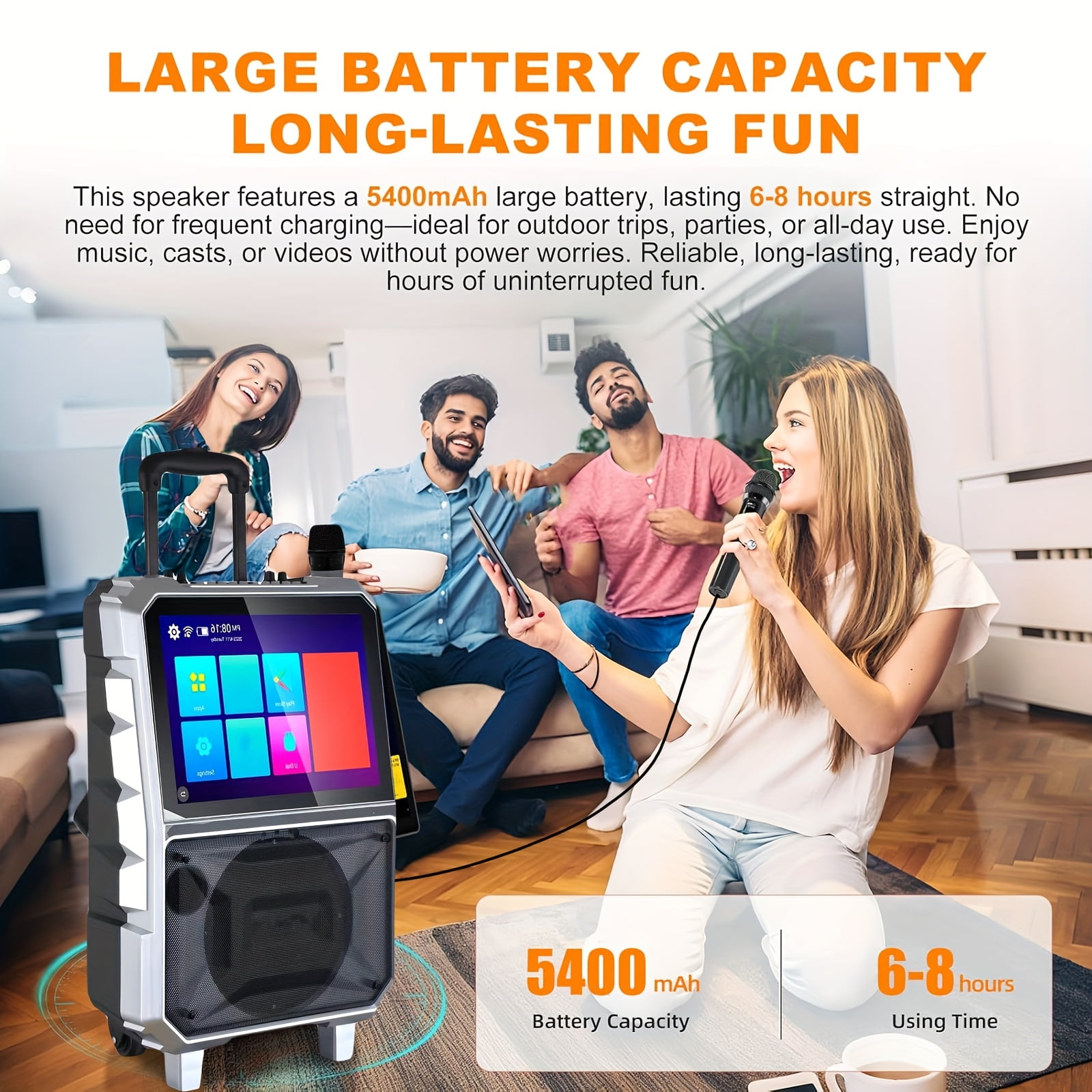 RIDWIND 8" Subwoofer Karaoke System with Lyrics Display, Built-in Tablet, Rechargeable Wireless Speaker with One Mics & DJ Lights, All-in-One Entertainment for Adults, Home & Party Use