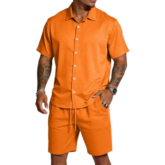 Sewkxo 2 Piece Sets for Men Short Sleeve Lapel Collared Button Down Shirts Drawstring Beach Shorts Summer Beach Casual Outfits with Pockets,Saffron L
