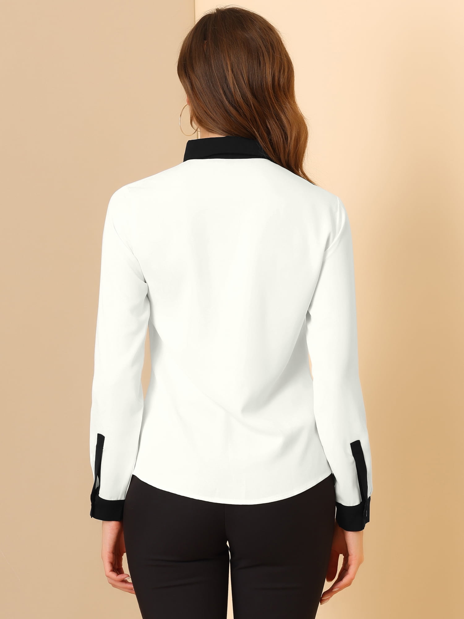 DARING DIVA Women's Color Block Button Down Long Sleeve Work Shirt L White
