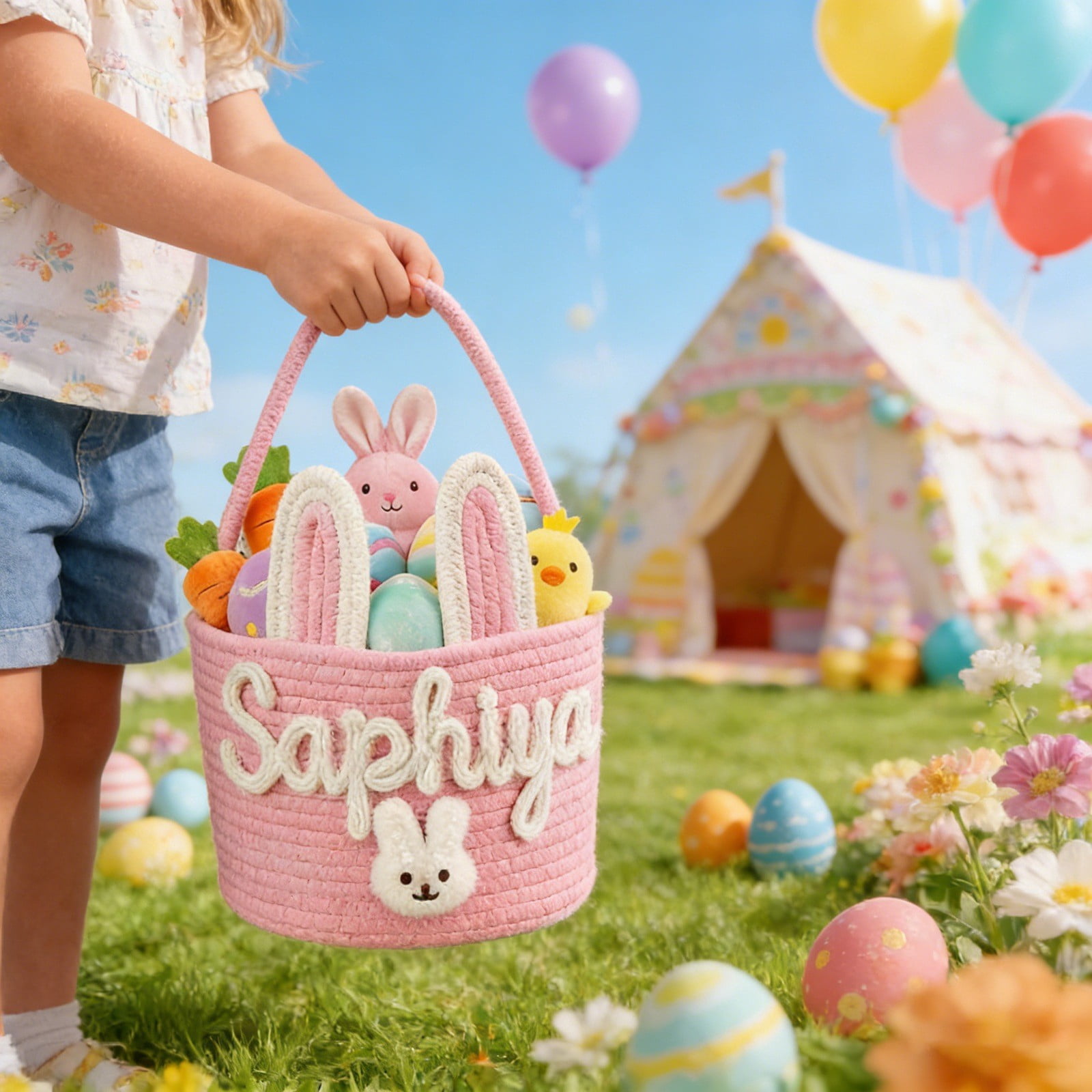 Personalised Easter Basket, Easter Basket 3D Cord Embroidery Technology, Easter Nest for Filling for Boys and Girls, Not Include Dolls (Rabbit Design)