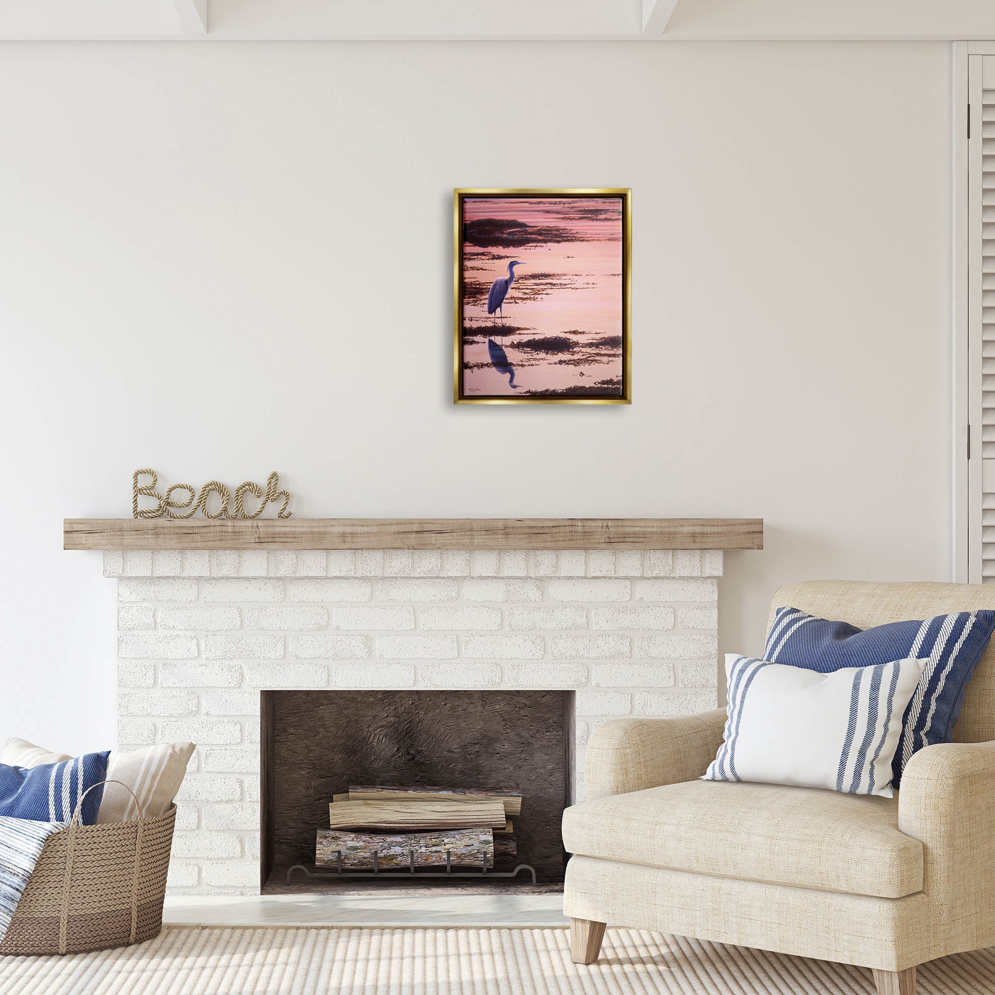 Stupell Industries Crane Bird in Sunrise Marsh Coastal Photography Gold Floater Framed Art Print Wall Art