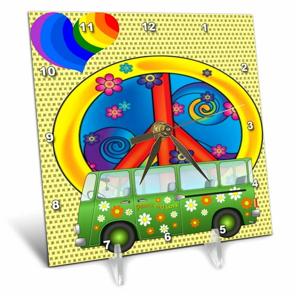 3dRose, The 60s Peace,love,flower power van and peace sign art, 6x6 Desk Clock