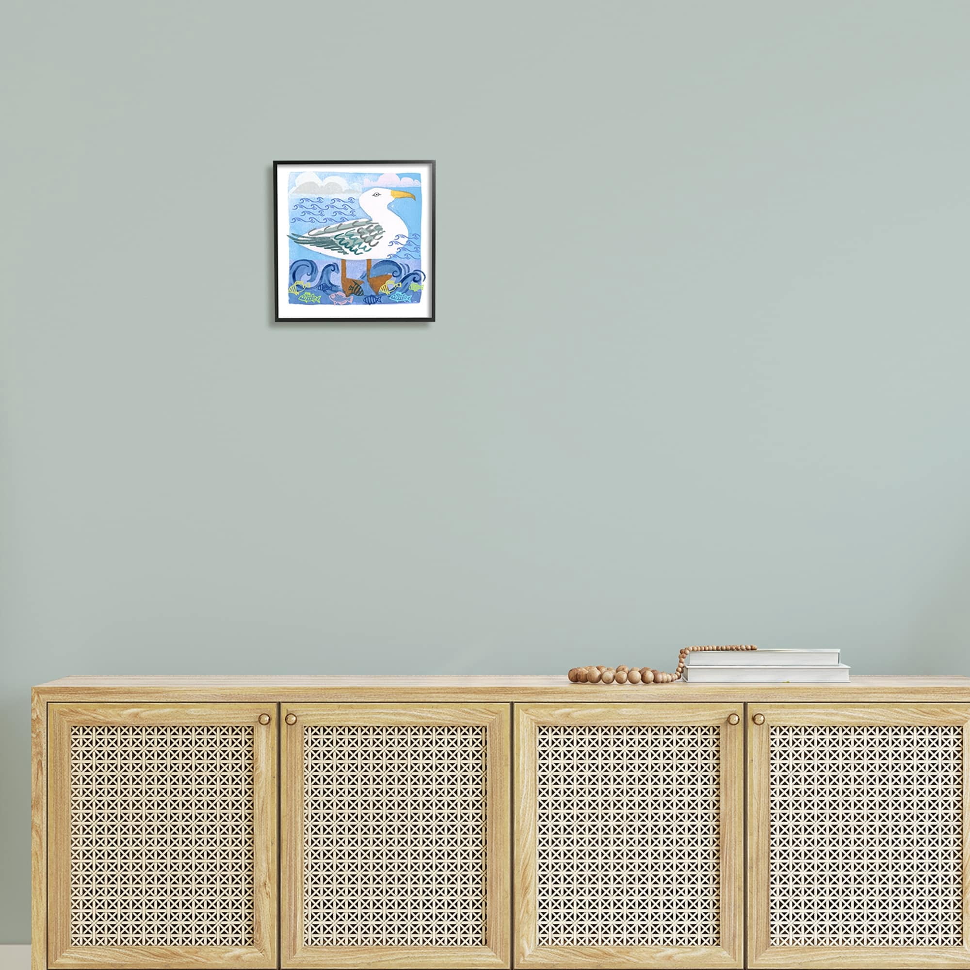 Stupell Industries Whimsical Seagull Bird Layered Ocean Waves Painting Graphic Art Black Framed Art Print Wall Art, Design by unknown