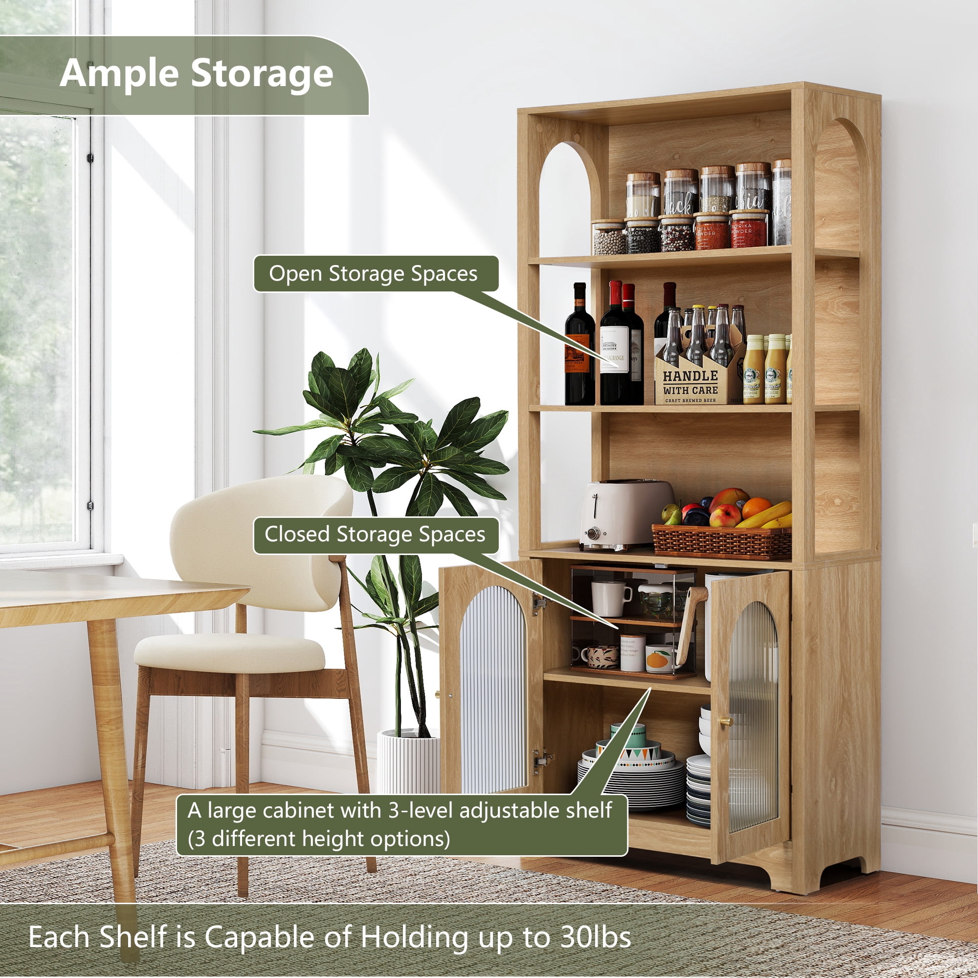 Weselon 70" Tall Bookcase with Door and Shelves, Freestanding Storage Cabinet with Arched Acrylic Door for Living Room Office Storage, Floor Standing Bookshelves,Oak