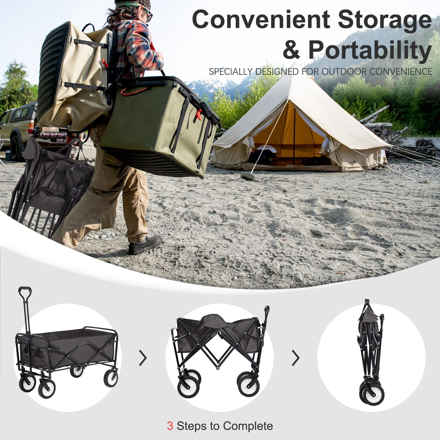 Collapsible Wagon Cart Folding Wagon Heavy Duty Utility Beach Wagon Portable Foldable Garden Cart with All-Terrain Wheels& Adjustable Handle , Grey