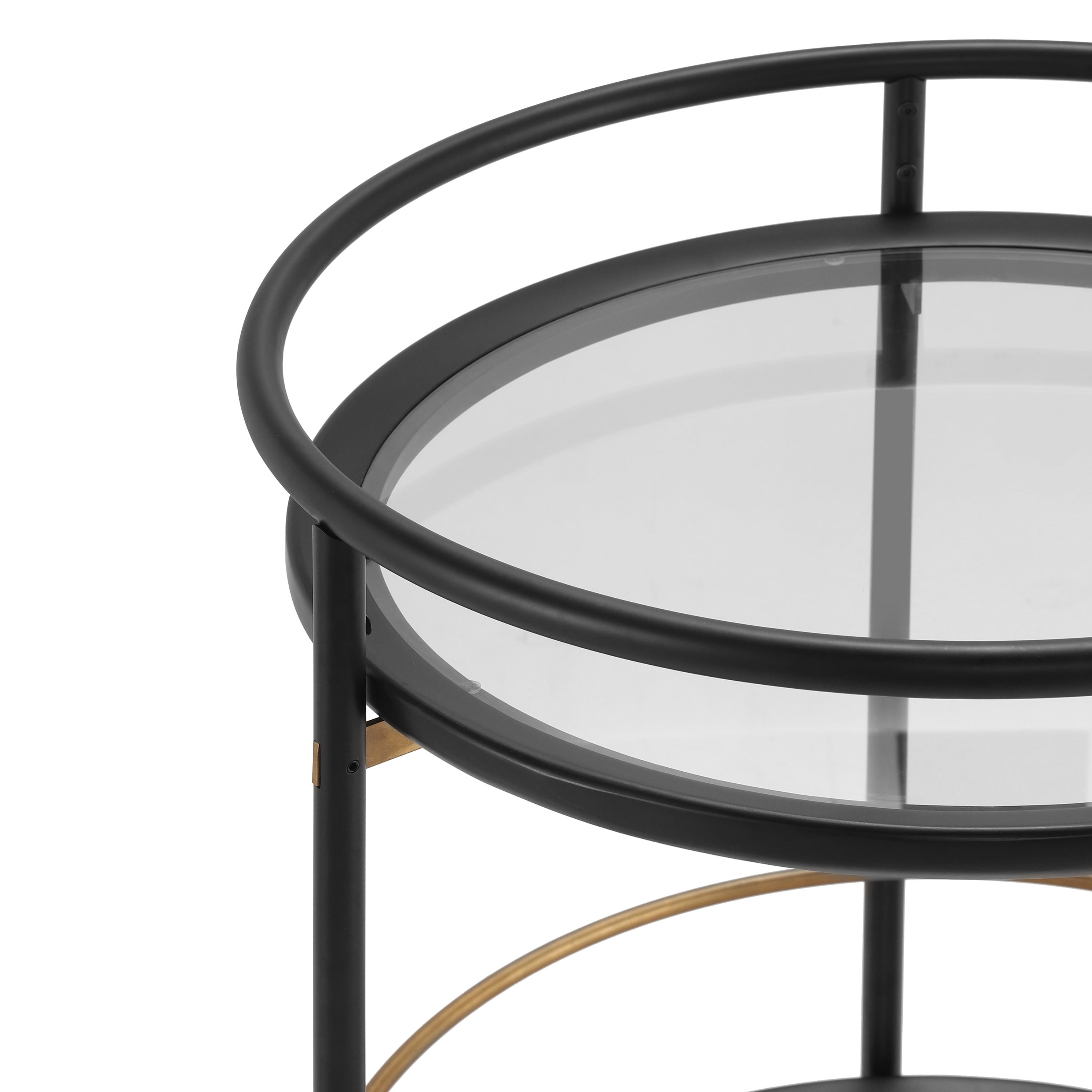 Round Bar Cart with Tempered Glass Shelves and Gold Accents