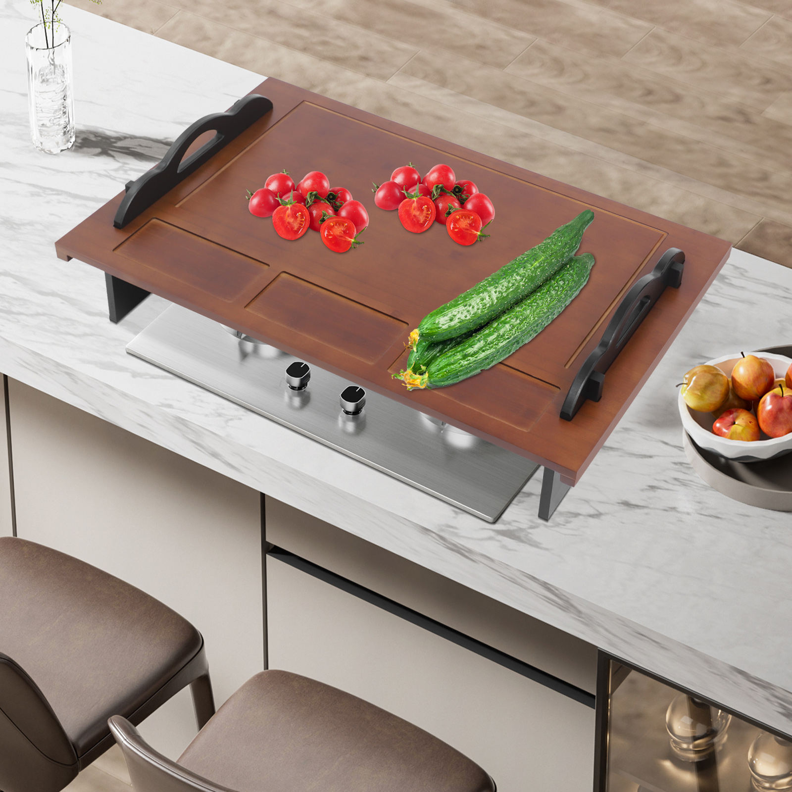 Walnut-Colored Bamboo 33.5x21.9-Inch Stove Cover, Overflow-Proof Guide Groove Cover And Multifunctional Cutting Board