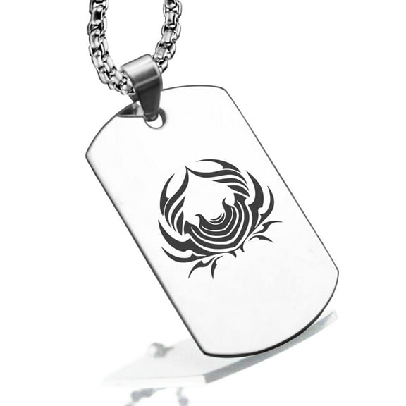 Stainless Steel Tribal Cancer Zodiac (Crab) Dog Tag Pendant Necklace