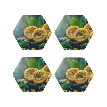 

KLL Drink Coasters Set Hexagon of 4 PU Leather Absorbent Coasters Set Decorative Coffee Cup Coasters Housewarming Gift for Home Decor-Fresh Passion Fruit Still Life