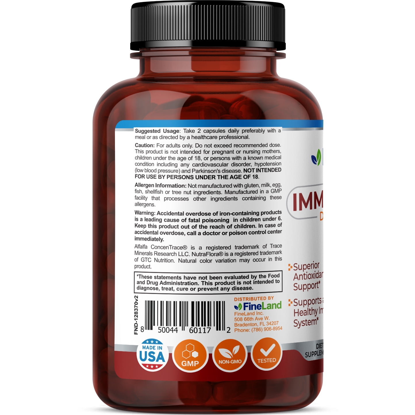 Fineland Vitamins Imm-Defens Immune Support with Quercetin, Zinc & Elderberry Antioxidant 60 Count 60 Capsules