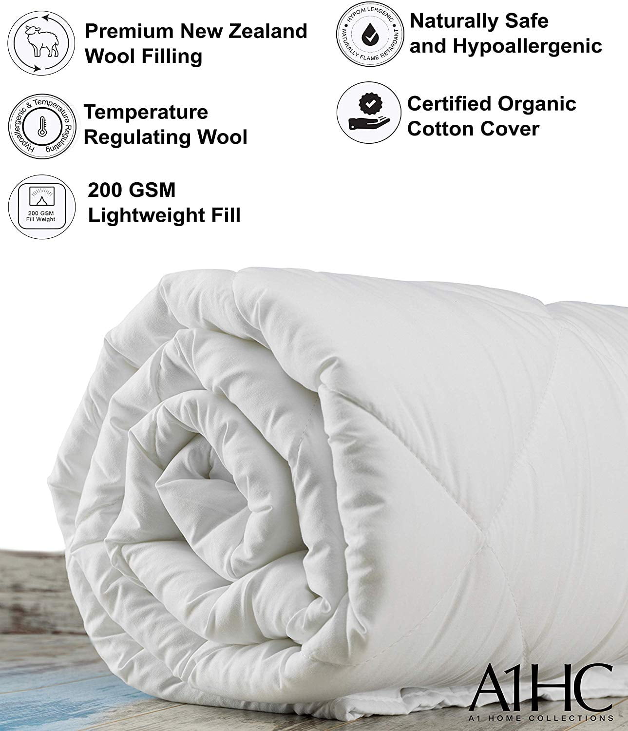 A1 Home Collections 100% New Zealand Wool Fill Lightweight Summer/Spring Duvet Insert, Size: Full/Queen