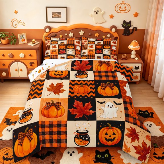 Manfei Fall Maples Leaf Pumpkin Full Size Comforter Sets,Kawaii Halloween Ghost Bedding Comforter Set,Halloween Reversible,3 Pieces,1 Comforter and 2 Pillowcases