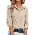 thumbnail image 4 of Linen Blouse for Women Lapel V Neck Rolled Sleeve Button Down Casual Officewear Loose Fit Solid Texture Lightweight Breathable Soft Fabric Summer Fall Tunic Tops, 4 of 7
