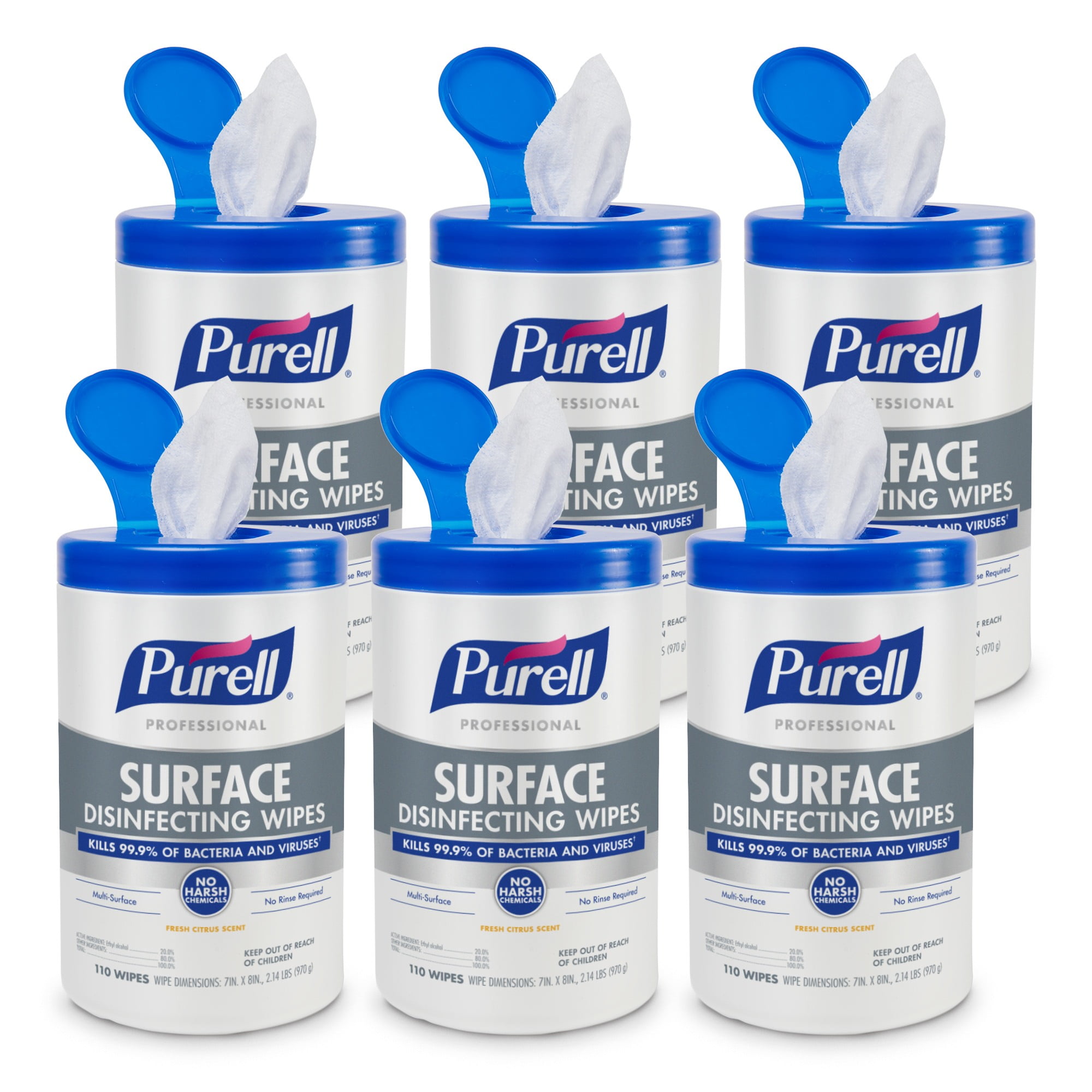 PURELL® Professional Surface Disinfecting Wipes, Citrus Scent, 110 Count Canister, 7"x 8" Wipes, Pack of 6 Canisters