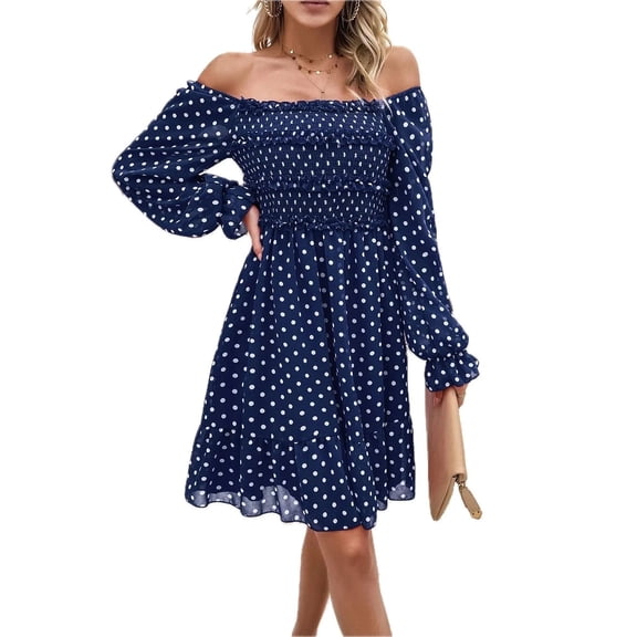 Women's Smocked Polka Dot Long Sleeve Dress 100% Polyester Fabric with Sheer Bodice and Slight Stretch for Day to Night