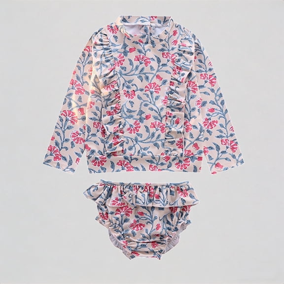 REDARER Baby Girls' 2-Piece Long-Sleeve Swimsuit Set – Floral & Birds Print, Ruffled Design, UV Protection Swimwear,4-5 Years