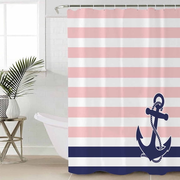 Anchor Pink Small Stall Shower Curtain, Waterproof Shower Curtains for Bathroom, Modern Navy Blue White Striped Nautical Washable Fabric Cloth Bath Curtain for Bathtub with Hooks 36x72 Inches