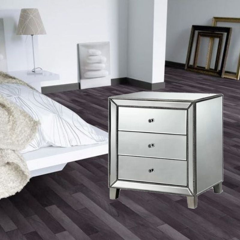 Table de chevet miroir Tuke, table de chevet miroir, table de chevet de chambre à coucher, table de chevet en MDF, table de chevet miroir, table de chevet argentée, table de chevet à trois tiroirs ave