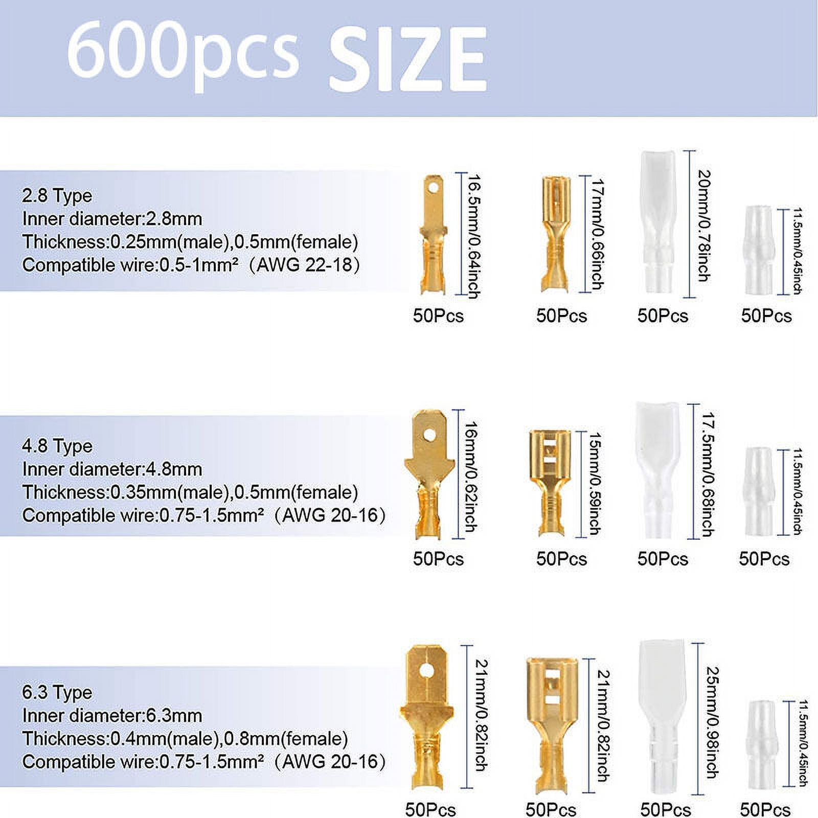 600PCS Brass Crimp Terminals, 28/48/63mm Electrical Lug with Insulation Male Female Spade Handle Wire Connectors Crimp Terminal for Automobile Boat Motorcycle Car