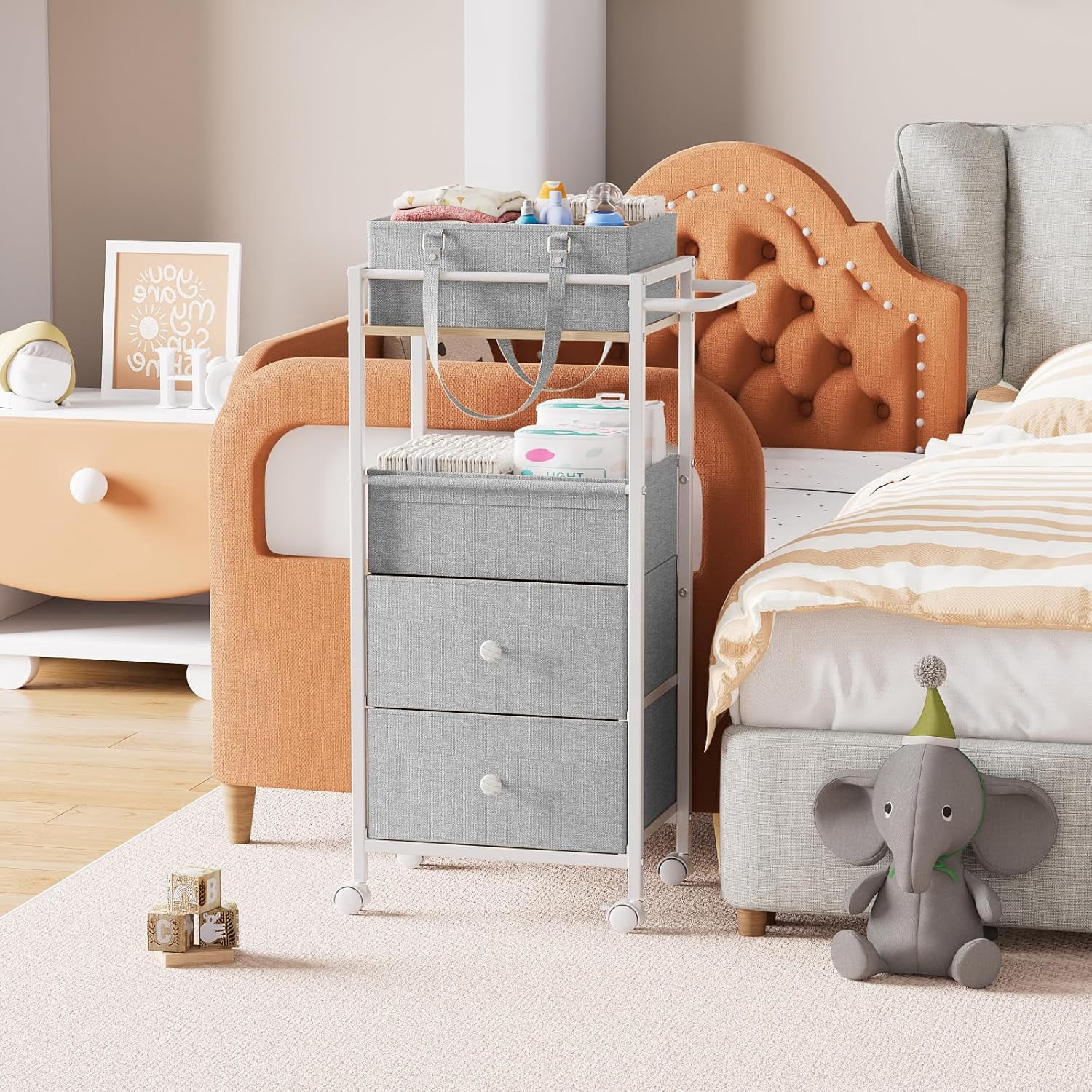 Baby Diaper Caddy Organizer Cart with Drawers - 3In1 Rolling Storage Cart with Wheels, Removable Diaper Caddy, Detachable Dividers - for Crib, Bedroom, Art & Craft Organizer (Light Gray)