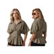 thumbnail image 2 of Blusas de verano para mujer, de manga corta, con cuello de solapa, estampado de rayas, abotonadas, con volantes plisados., 2 of 9