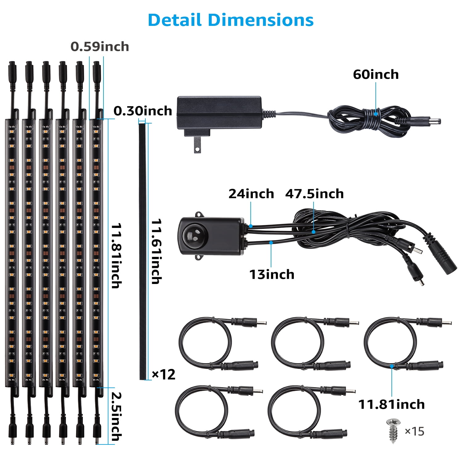 LED Safe Lighting Kit, (6) 12 Inch Linkable Light Bars + Motion Sensor, for Under Cabinet, Gun Safe, Locker, Closet, Under Counter, Shelf, Showcase, 3000K Warm White