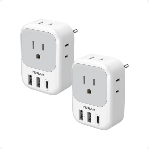 2 Pack European Travel Plug Adapter, TESSAN Canada to Europe Plug Adapter with 4 AC Outlets, 1 USB C and 2 USB A Ports, 7 in 1 Type C Trave