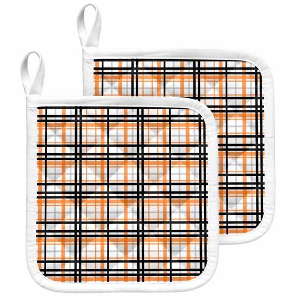 Orange Black Plaid Pot Holders for Kitchen Heatproof Potholder, 2 Pack Farmhouse Orange Black Checkered Hot Pads Multipurpose Oven Pads Cloth Potholders Trivet for Cooking and Baking