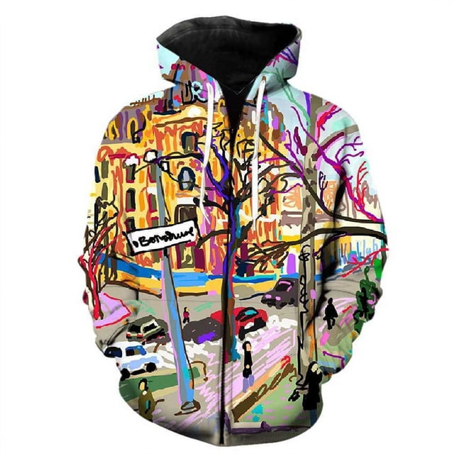 Sudadera con capucha con estampado 3D de grafiti artístico para hombre y niño, con cremallera y patrón abstracto colorido, informal, estilo Harajuku urbano, de manga larga