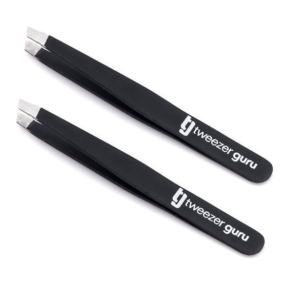 Tweezer Guru Pinzas para mujeres - 2 pinzas de precisión con punta inclinada para cejas y depilación encarnada - Pinzas para puntos negros y astillas con punta de aguja afilada para depilar (negro)