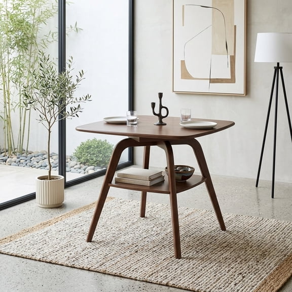Modern Walnut Finish Dining Table with Storage Shelf - Compact Square Design