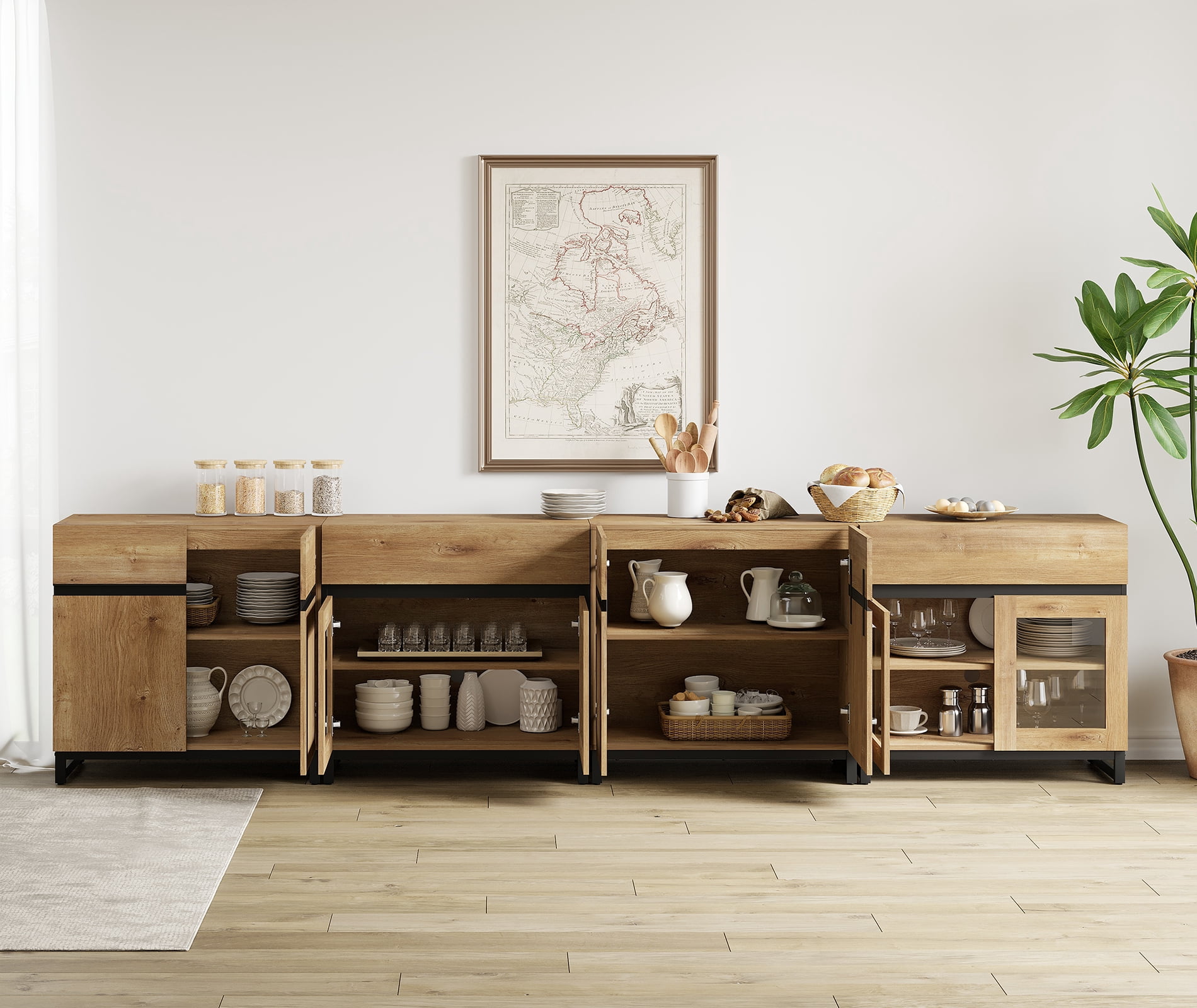 Modern TV Stand For Tvs Up To 120 Inches, 4 In 1 TV Console With Glass Doors And 2 Drawers, Media Console With Adjustable Shelf For Living Room,Oak
