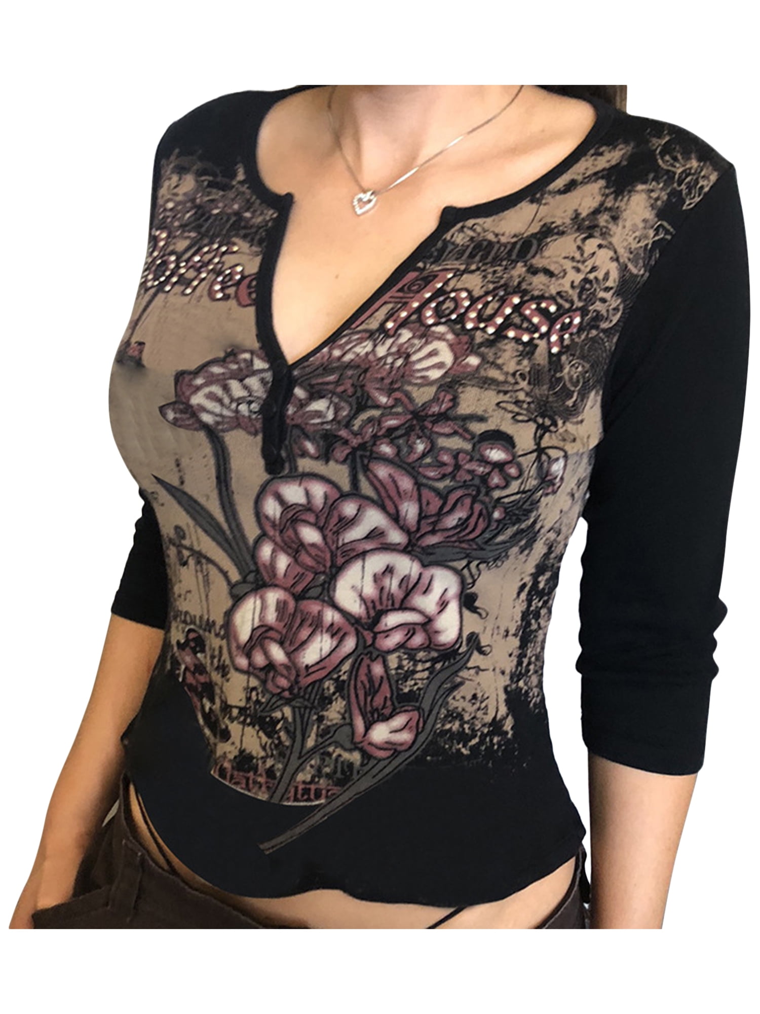 wybzd Women Y2K Long Sleeve Top Vintage Floral Print Crop Top V Neck Slim  Fit Shirt Tee 90s E-Girl Streetwear Black M - Walmart.com